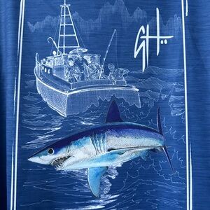 Guy Harvey Royal Blue Hooded Fishing Shirt with Shark Graphic